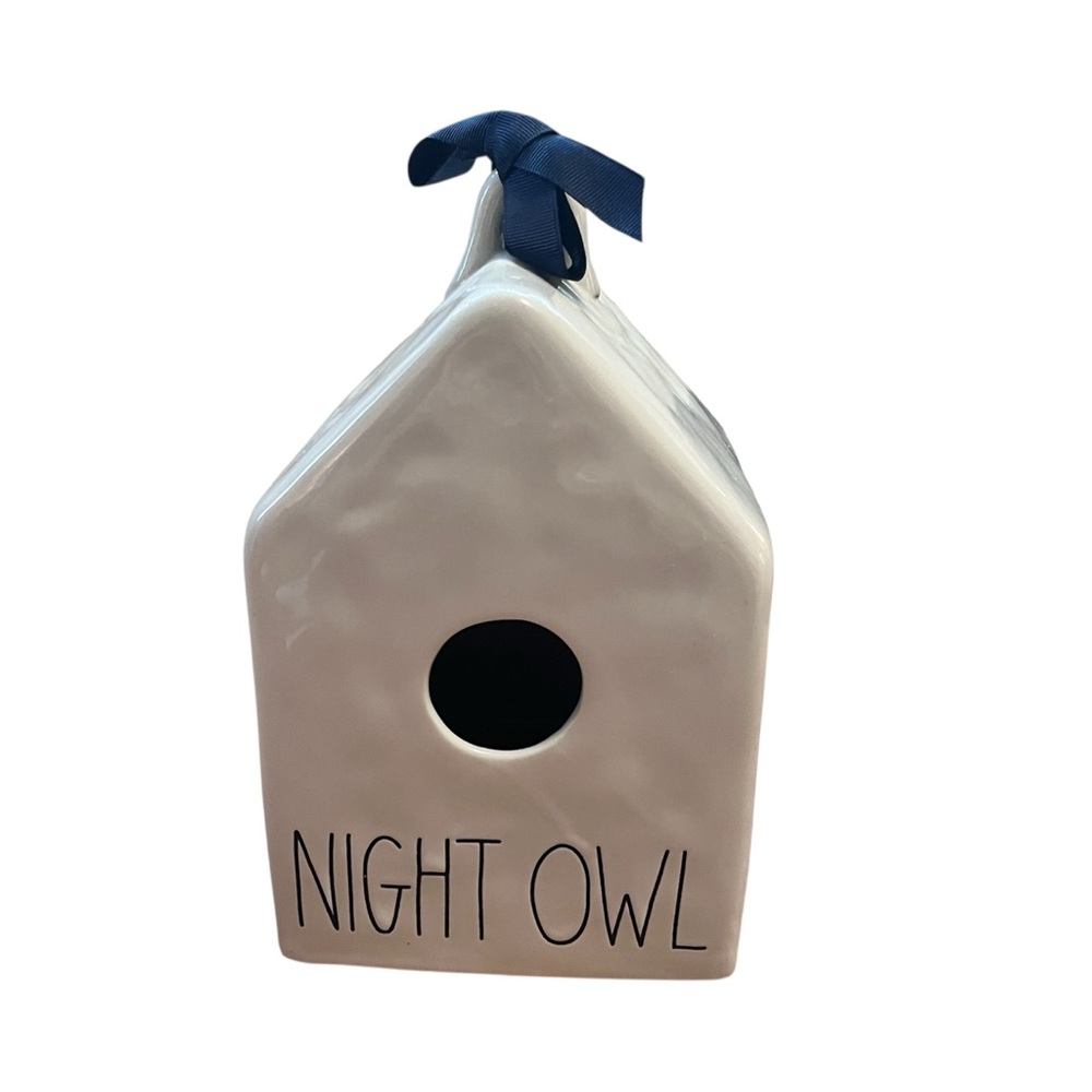 Rae Dunn Ceramic “Night Owl” Birdhouse with Blue Ribbon